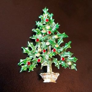 Vintage Tancer II Green Enameled and Rhinestoned Christmas Tree Brooch